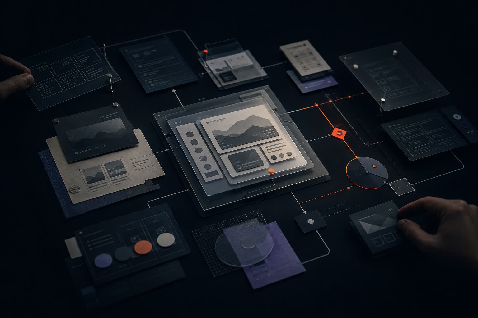 Layered product wireframes and interface flow map