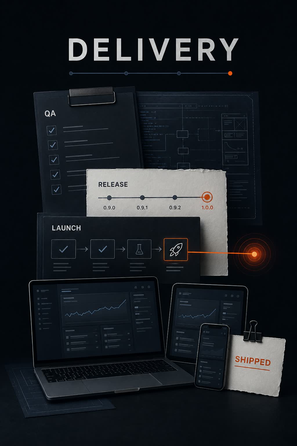 Delivery and launch board showing QA, release milestones, launch steps, device screens, and shipped status
