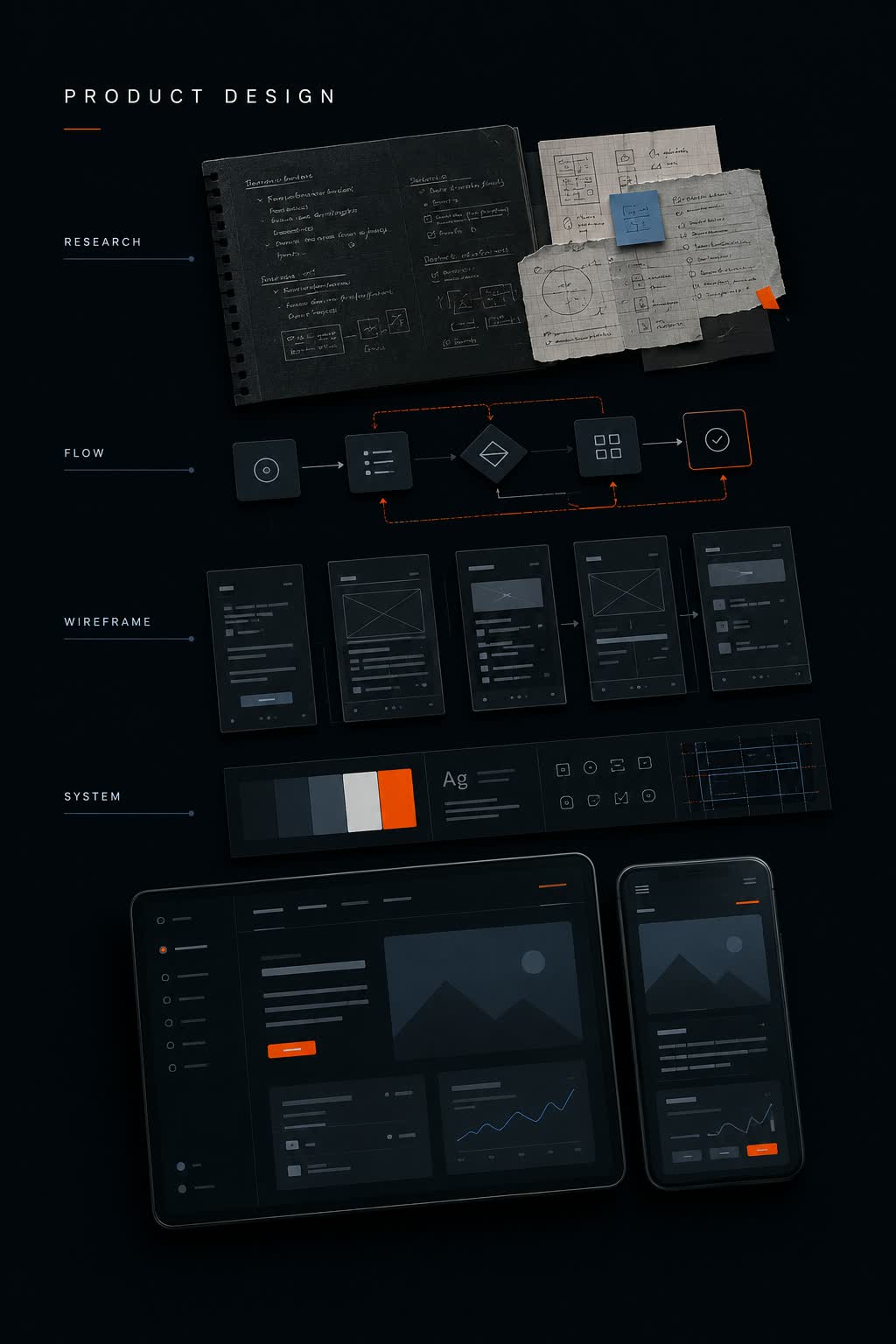 Product design system showing research notes, user flow, wireframes, interface states, and responsive screens