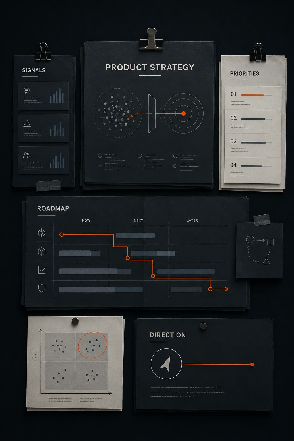 Product strategy board showing signals, priorities, roadmap, opportunity mapping, and direction