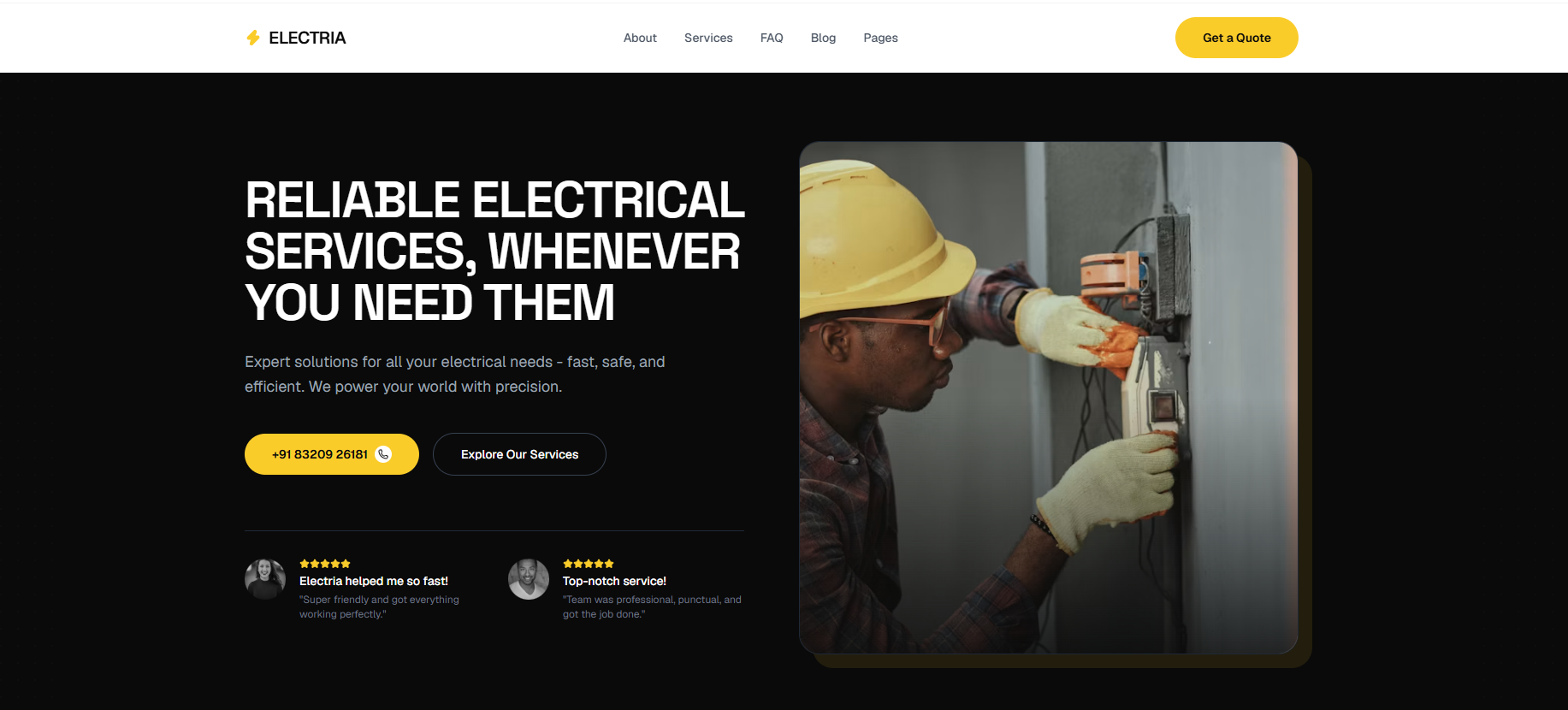 Electria electrical services website homepage with an electrician at work