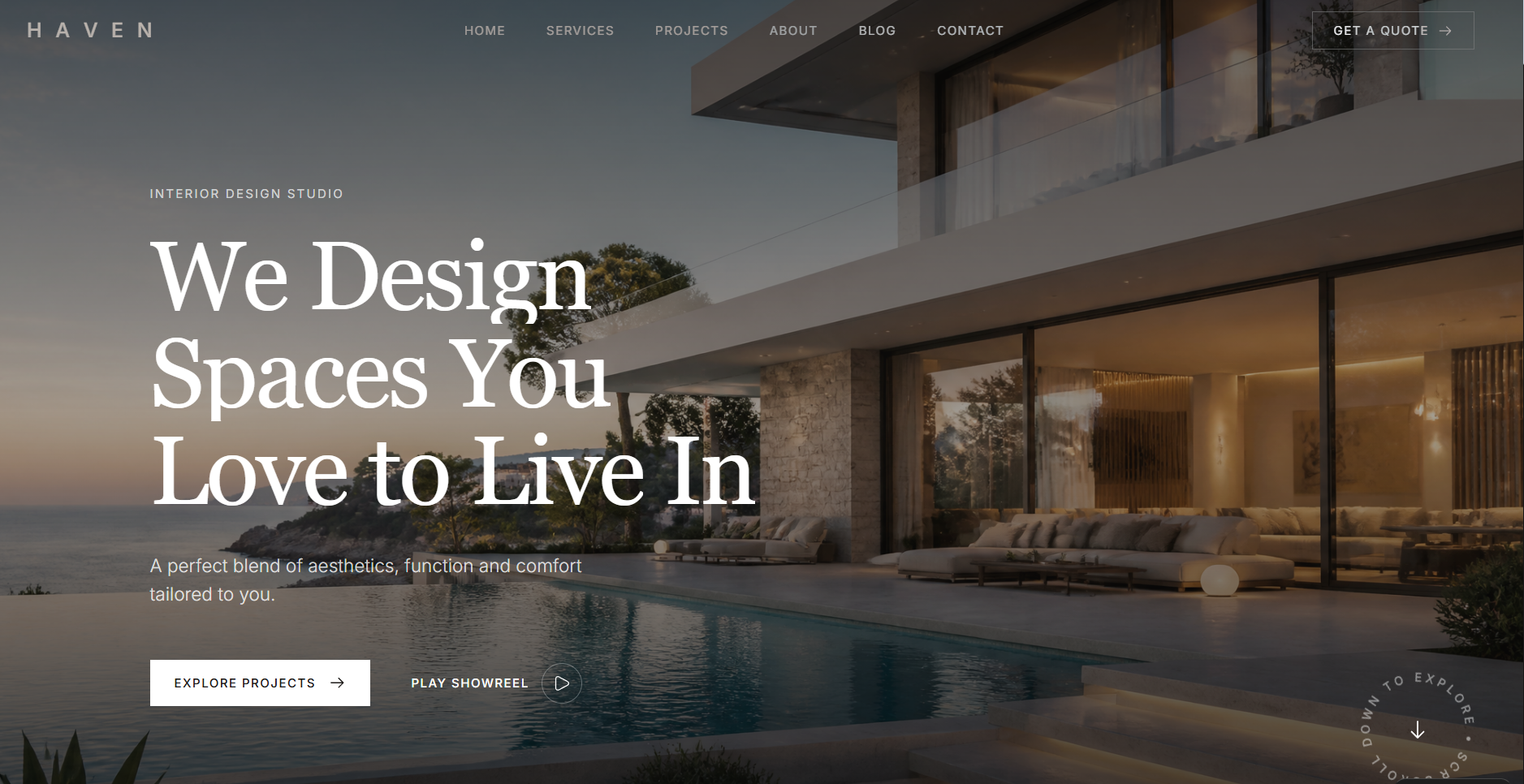 Haven interior design studio website homepage with a modern house and pool
