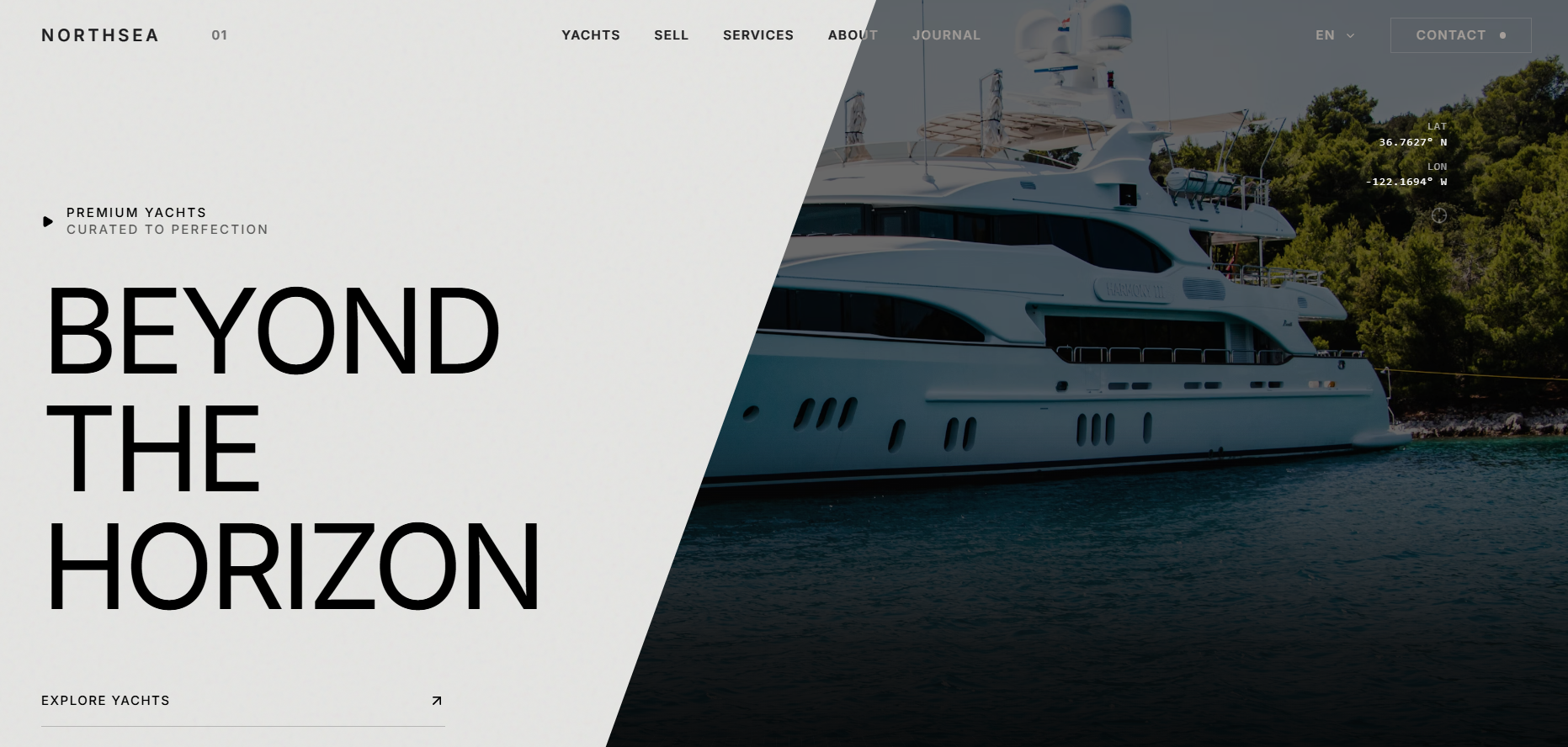 Northsea yachts website homepage featuring a luxury yacht and premium navigation