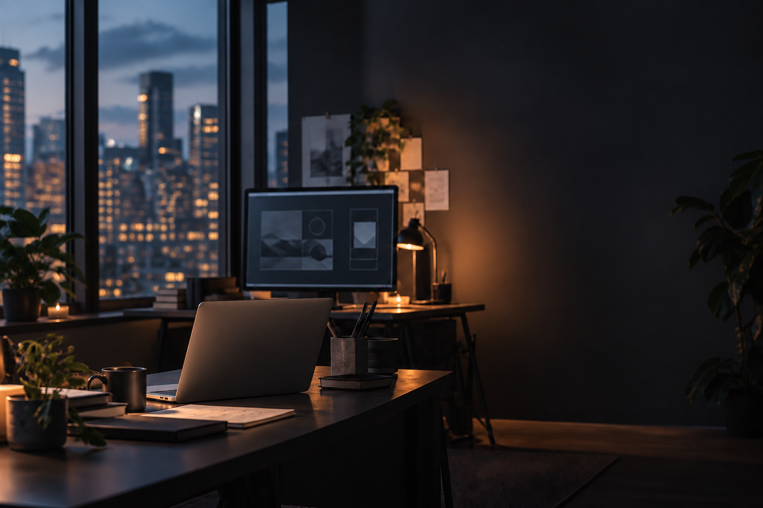 An empty software studio workspace with a laptop and product screens at dusk